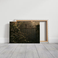 A Gate Left to the Vines, a wrought iron garden entrance swallowed by climbing ivy at dusk, painted in deep moss, shadowed olive and faint gold light, on a gallery canvas with wrapped edges leaning against a white wall