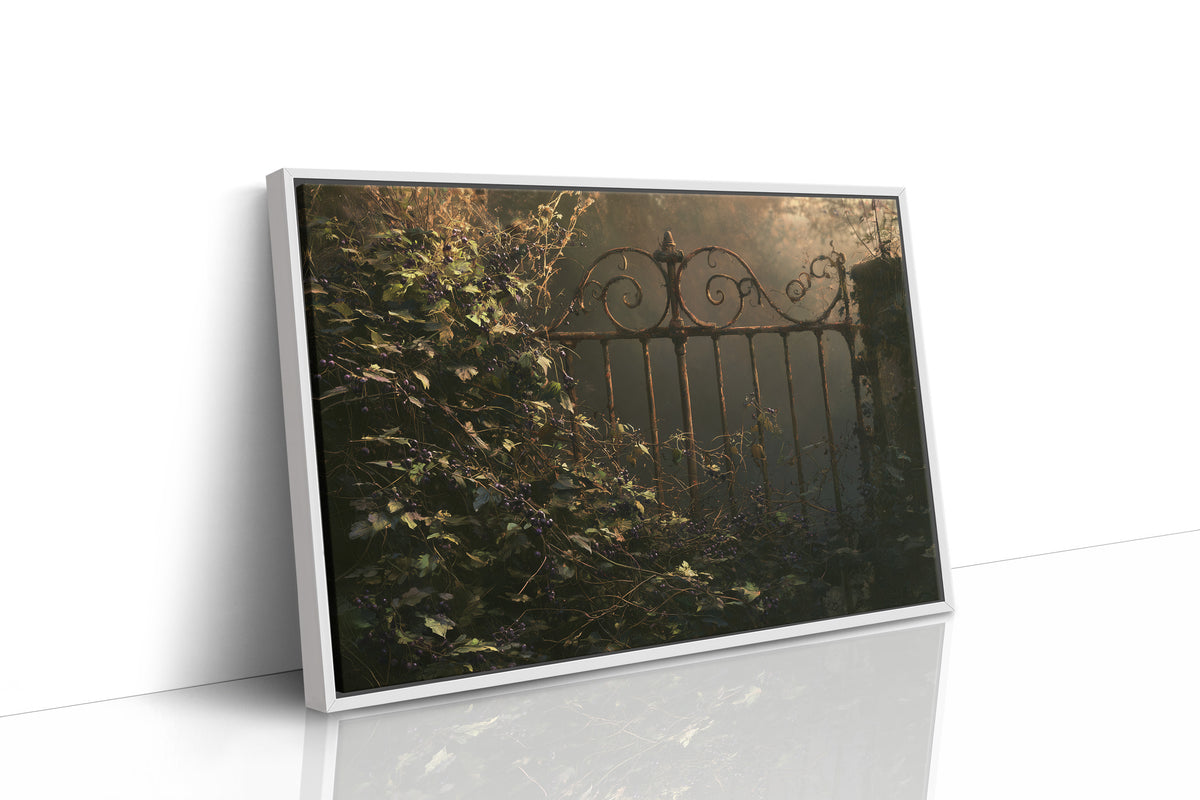 A Gate Left to the Vines, a wrought iron garden entrance swallowed by climbing ivy at dusk, painted in deep moss, shadowed olive and faint gold light, as a framed canvas in a white frame