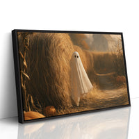 A Gentle Visitor in the Hay, a pale ghost drifting through a golden hay field at dusk, pumpkins glowing low in the grass beside a tall bale, as a framed canvas in a black frame