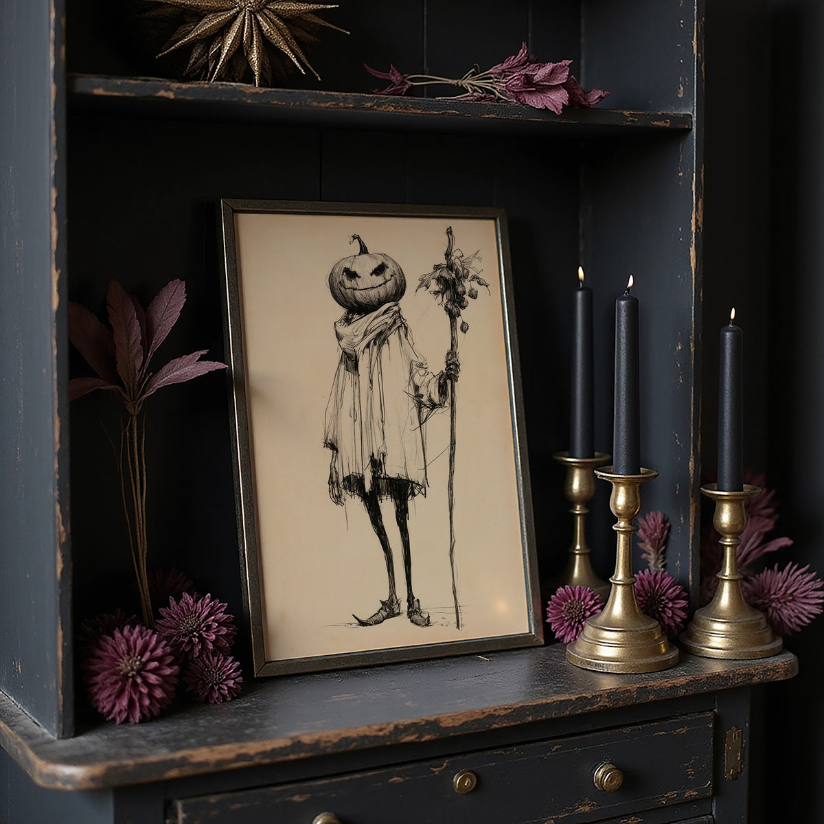 A Gentleman Who Keeps a Calm Head, a tall pumpkin headed figure in a long coat holding a stick of dried flowers, drawn in fine ink lines on a tan paper ground, painted in sepia, charcoal and tan, in a dark frame on a black shelf beside brass candles and dried leaves
