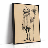 A Gentleman Who Keeps a Calm Head, a tall pumpkin headed figure in a long coat holding a stick of dried flowers, drawn in fine ink lines on a tan paper ground, painted in sepia, charcoal and tan, as a framed canvas in a black frame