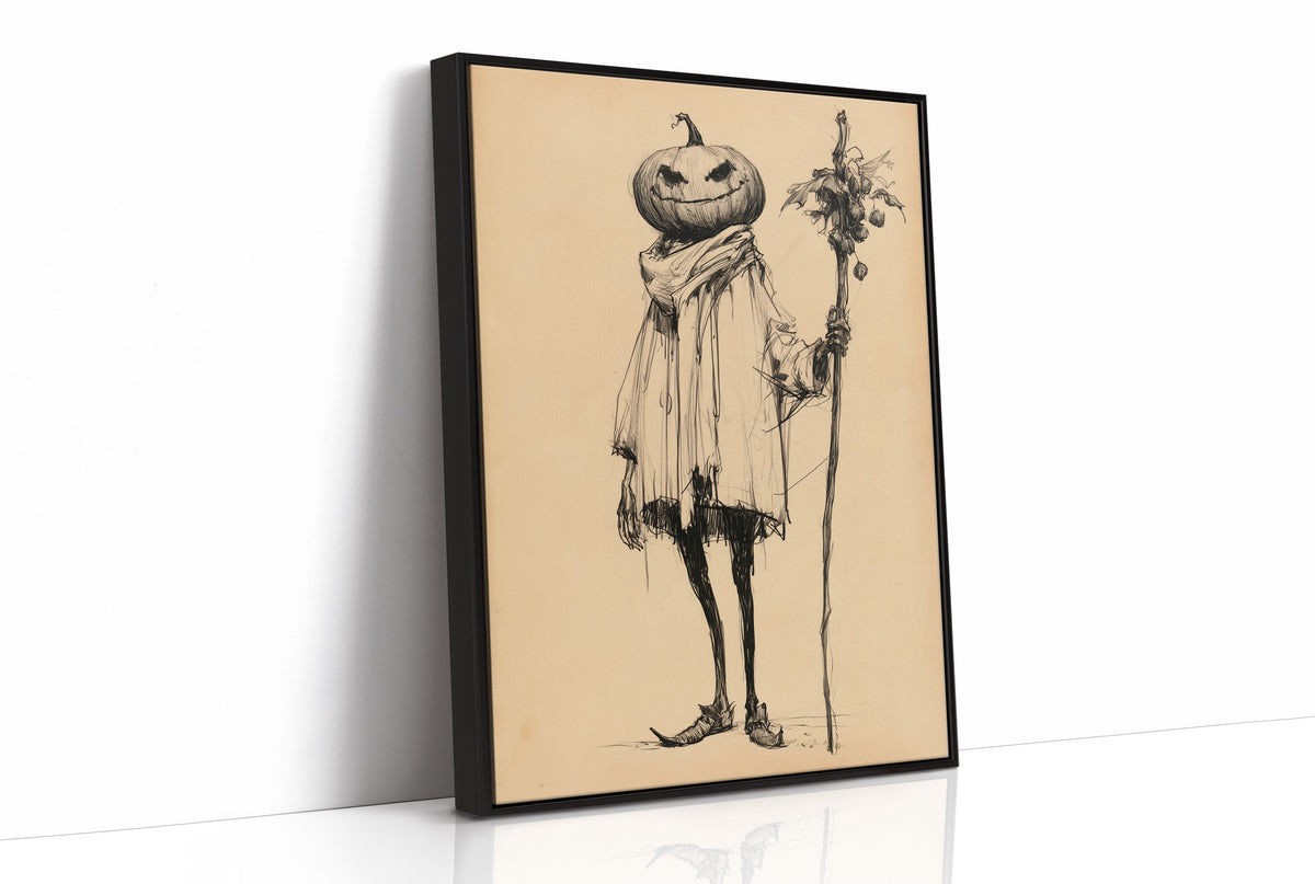 A Gentleman Who Keeps a Calm Head, a tall pumpkin headed figure in a long coat holding a stick of dried flowers, drawn in fine ink lines on a tan paper ground, painted in sepia, charcoal and tan, as a framed canvas in a black frame