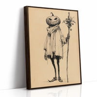 A Gentleman Who Keeps a Calm Head, a tall pumpkin headed figure in a long coat holding a stick of dried flowers, drawn in fine ink lines on a tan paper ground, painted in sepia, charcoal and tan, as a framed canvas in a brown frame