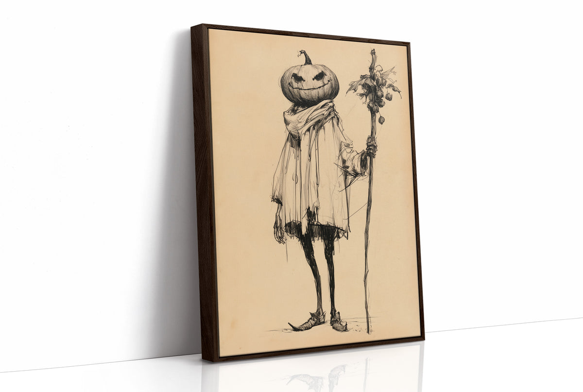 A Gentleman Who Keeps a Calm Head, a tall pumpkin headed figure in a long coat holding a stick of dried flowers, drawn in fine ink lines on a tan paper ground, painted in sepia, charcoal and tan, as a framed canvas in a brown frame