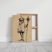 A Gentleman Who Keeps a Calm Head, a tall pumpkin headed figure in a long coat holding a stick of dried flowers, drawn in fine ink lines on a tan paper ground, painted in sepia, charcoal and tan, on a gallery canvas with wrapped edges leaning against a white wall