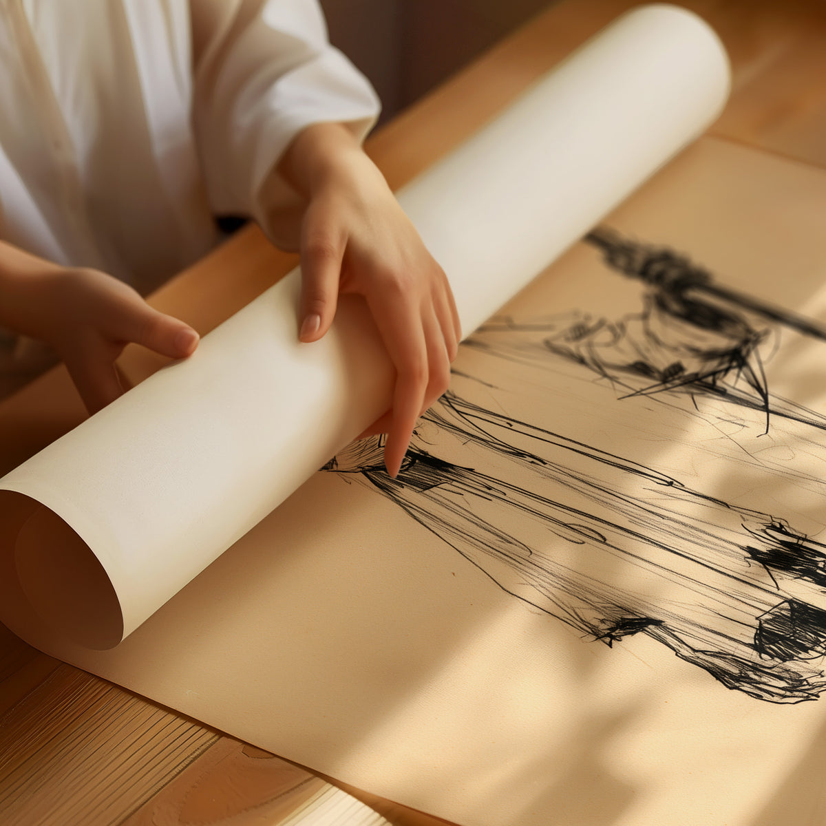 A Gentleman Who Keeps a Calm Head, a tall pumpkin headed figure in a long coat holding a stick of dried flowers, drawn in fine ink lines on a tan paper ground, painted in sepia, charcoal and tan, as a matte poster, unframed