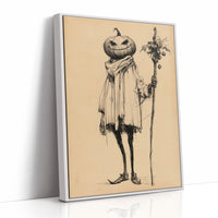 A Gentleman Who Keeps a Calm Head, a tall pumpkin headed figure in a long coat holding a stick of dried flowers, drawn in fine ink lines on a tan paper ground, painted in sepia, charcoal and tan, as a framed canvas in a white frame
