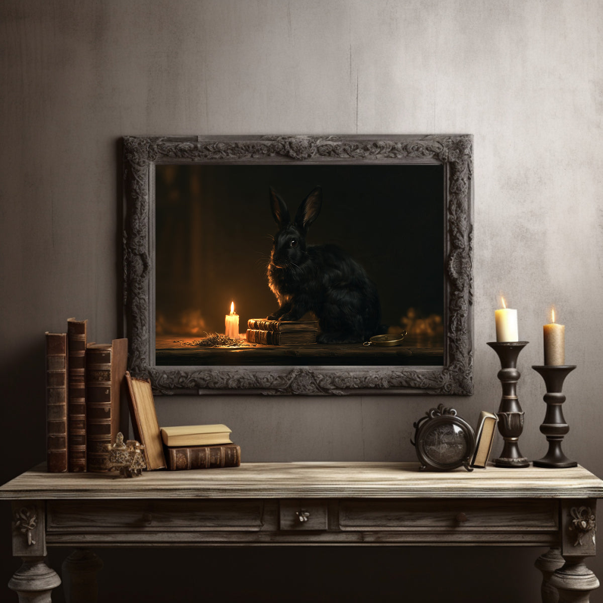 A Hare Keeps Vigil by Candlelight, a dark rabbit seated beside a lit candle in a shadowy still life, warm glow on the fur, deep umber and black palette, in a dark carved frame on a gray wall above a console table with candlesticks and old books