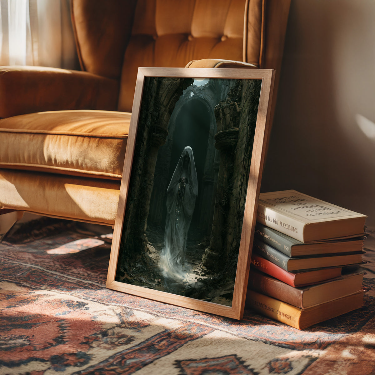 A Hush Among the Ruins, a pale veiled figure drifting down a corridor of crumbling arches in green mist, in a wood frame beside a leather armchair and a stack of books
