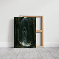 A Hush Among the Ruins, a pale veiled figure drifting down a corridor of crumbling arches in green mist, on a gallery canvas with wrapped edges leaning against a white wall