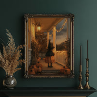 A Lantern for the Little Witch, a little witch in a pointed hat standing among pumpkins beneath string lights and a warm lantern glow, painted in orange, plum and deep shadow, in an ornate gold frame on a deep green wall beside brass candlesticks