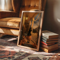 A Lantern for the Little Witch, a little witch in a pointed hat standing among pumpkins beneath string lights and a warm lantern glow, painted in orange, plum and deep shadow, in a wood frame beside a leather armchair and a stack of books