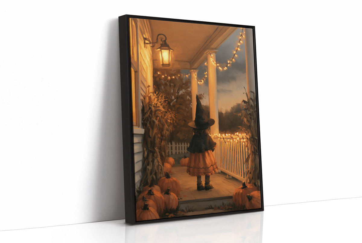 A Lantern for the Little Witch, a little witch in a pointed hat standing among pumpkins beneath string lights and a warm lantern glow, painted in orange, plum and deep shadow, as a framed canvas in a black frame