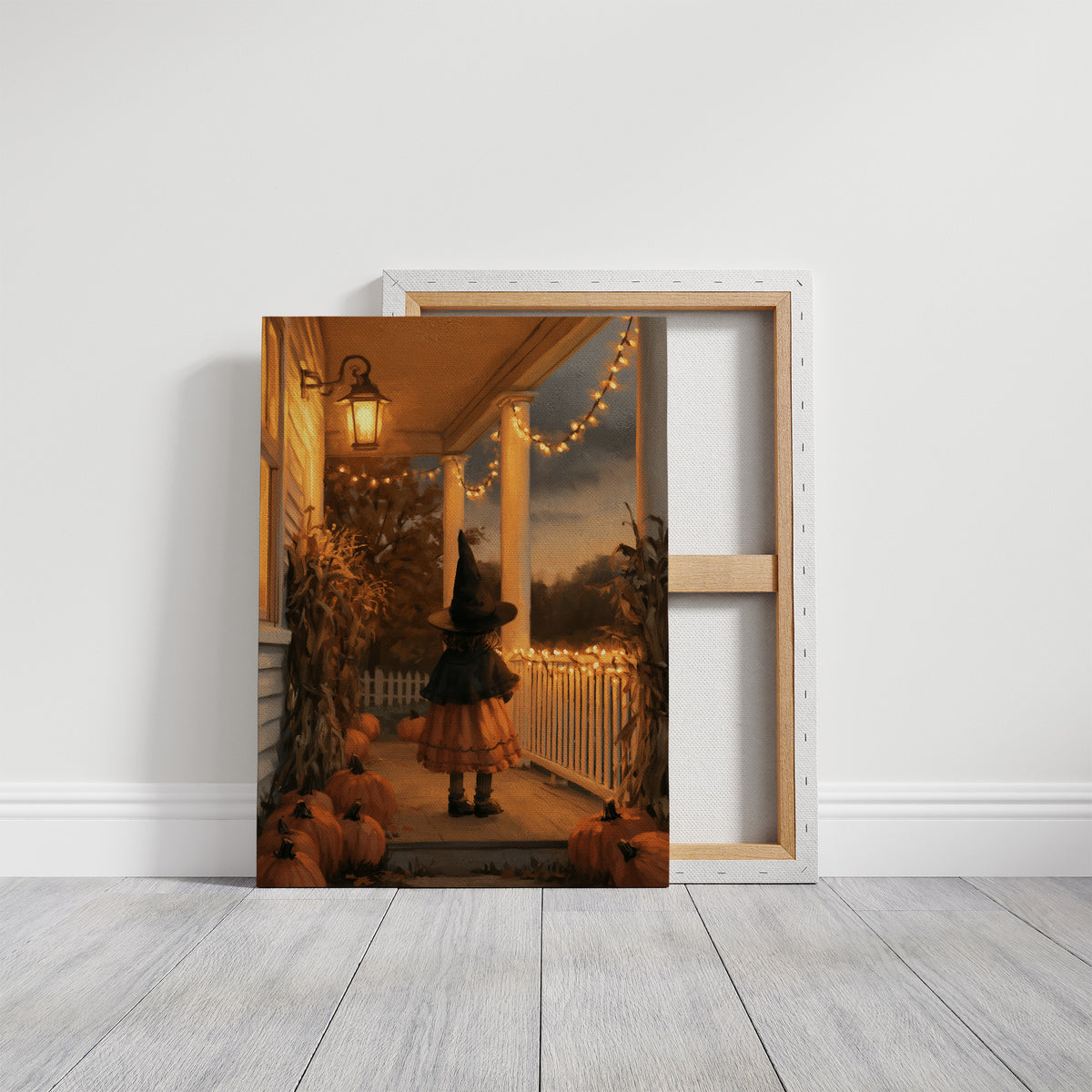 A Lantern for the Little Witch, a little witch in a pointed hat standing among pumpkins beneath string lights and a warm lantern glow, painted in orange, plum and deep shadow, on a gallery canvas with wrapped edges leaning against a white wall