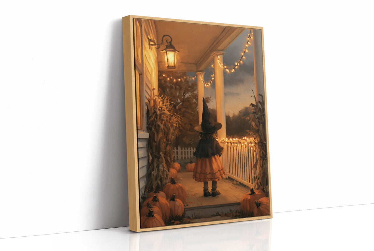 A Lantern for the Little Witch, a little witch in a pointed hat standing among pumpkins beneath string lights and a warm lantern glow, painted in orange, plum and deep shadow, as a framed canvas in a natural wood frame