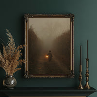 A Lantern Walks Through Mist, a solitary figure carrying a small glowing lantern down a lane that dissolves into sepia fog between dark hedgerows, in an ornate gold frame on a deep green wall beside brass candlesticks