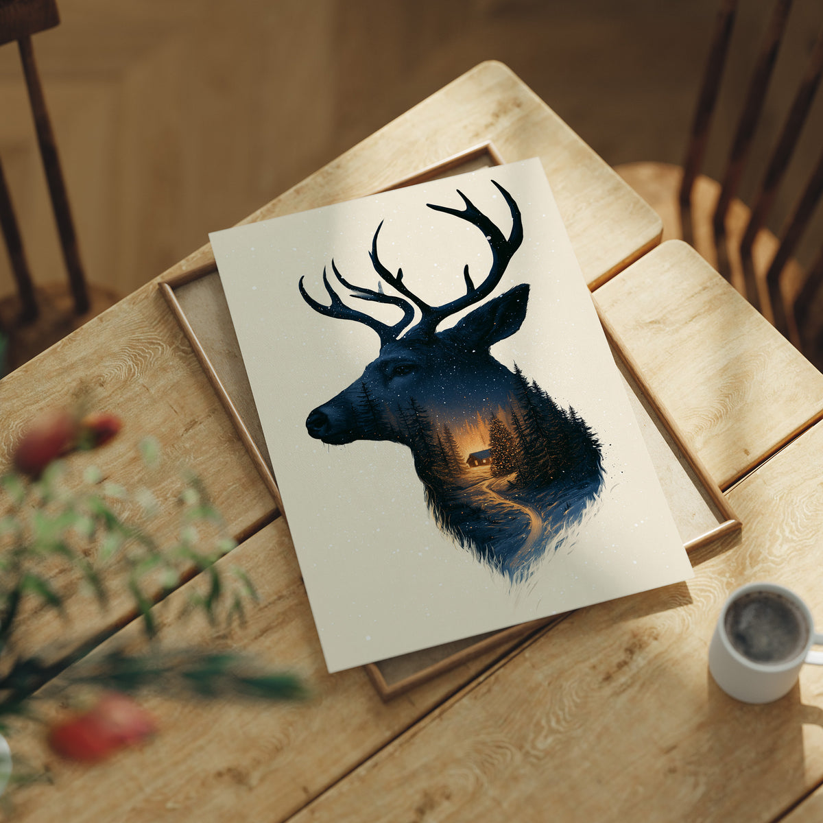 A Quiet Forest Inside the Antlers, a stag head silhouette in deep navy filled with a misty forest and a warm glowing clearing, on a cream ground, lying flat on a light wood table beside a coffee cup and red berries