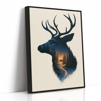 A Quiet Forest Inside the Antlers, a stag head silhouette in deep navy filled with a misty forest and a warm glowing clearing, on a cream ground, as a framed canvas in a black frame
