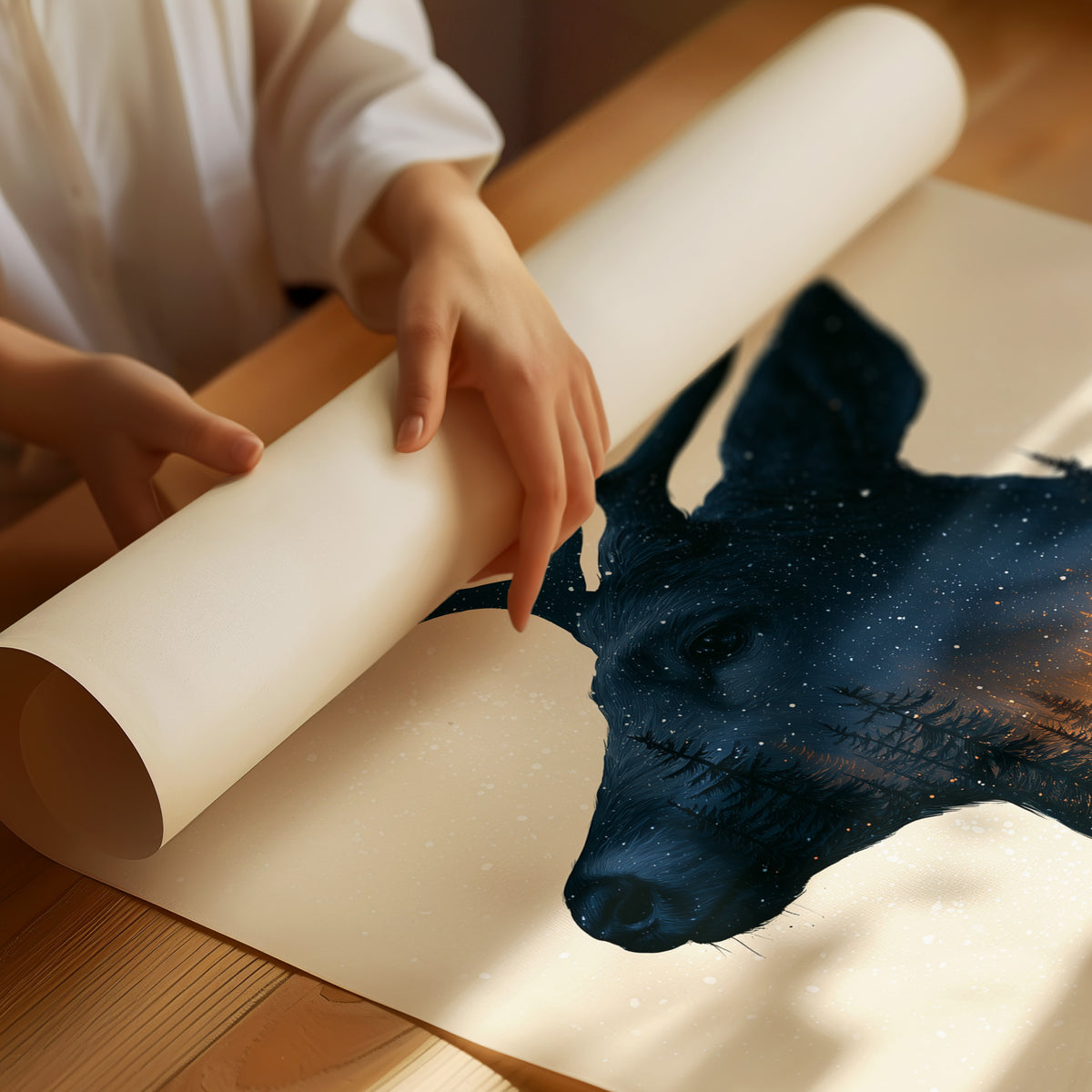 A Quiet Forest Inside the Antlers, a stag head silhouette in deep navy filled with a misty forest and a warm glowing clearing, on a cream ground, as a matte poster, unframed
