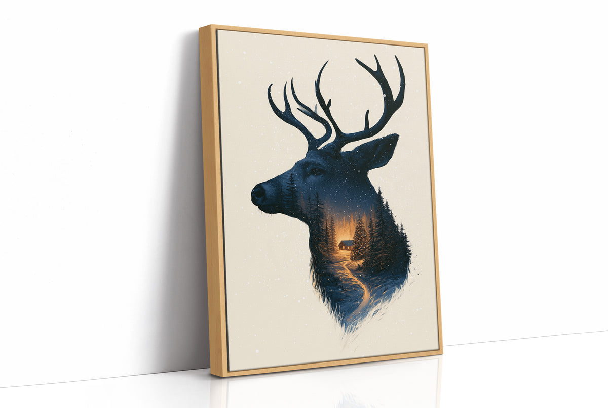 A Quiet Forest Inside the Antlers, a stag head silhouette in deep navy filled with a misty forest and a warm glowing clearing, on a cream ground, as a framed canvas in a natural wood frame