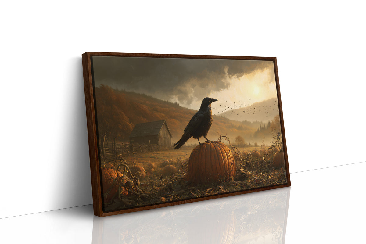 A Quiet Watch Above the Field, a black crow perched on a pumpkin in a rolling gold field under a dusky sky, barn on the hill, as a framed canvas in a brown frame