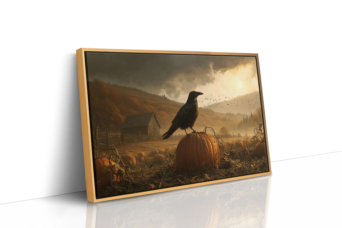 A Quiet Watch Above the Field, a black crow perched on a pumpkin in a rolling gold field under a dusky sky, barn on the hill, as a framed canvas in a natural wood frame