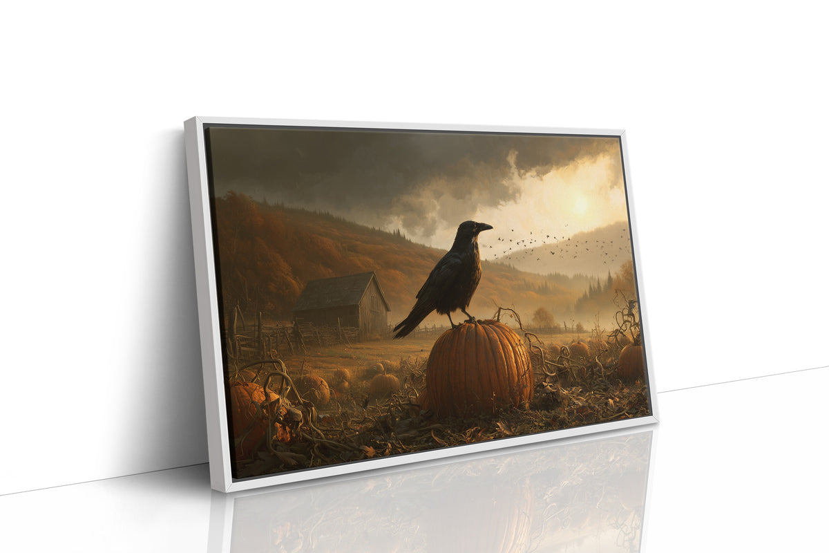 A Quiet Watch Above the Field, a black crow perched on a pumpkin in a rolling gold field under a dusky sky, barn on the hill, as a framed canvas in a white frame