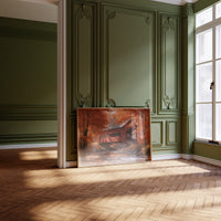 A Red Roof Over the Brook, a covered wooden bridge over a stream in a misty autumn forest, painted in rust, burnt orange and soft moss green, leaning on a herringbone floor in a green paneled room with tall windows