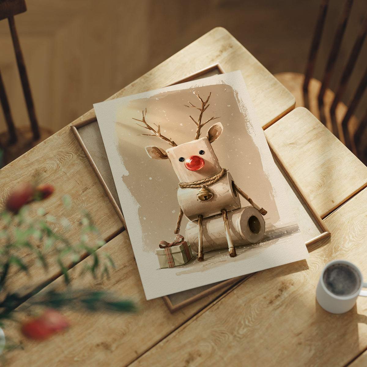 A Reindeer Takes a Seat, a cream reindeer with a red nose and small antlers seated on a stack of rolled tissue, with wrapped gift boxes at its feet, painted in cream, tan and soft red, lying flat on a light wood table beside a coffee cup and red berries