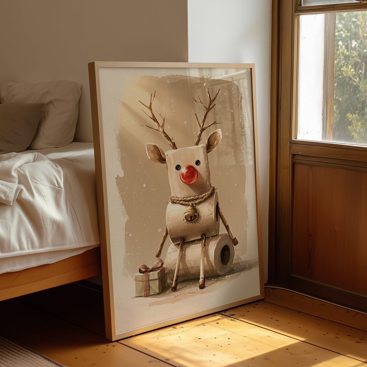 A Reindeer Takes a Seat, a cream reindeer with a red nose and small antlers seated on a stack of rolled tissue, with wrapped gift boxes at its feet, painted in cream, tan and soft red, leaning on a wood floor in a bedroom beside white linen bedding