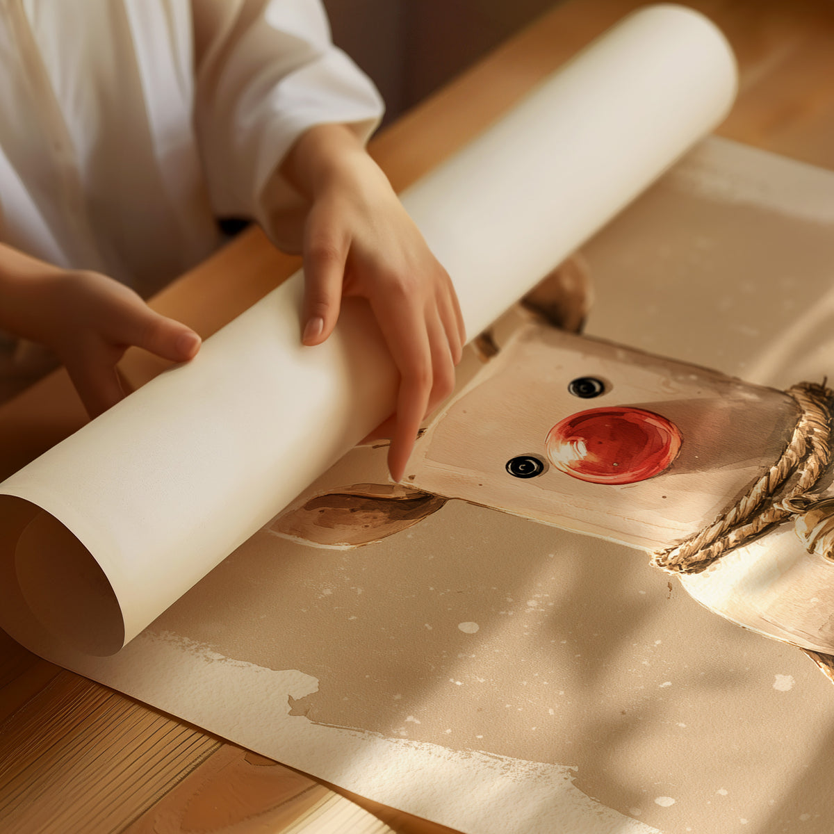 A Reindeer Takes a Seat, a cream reindeer with a red nose and small antlers seated on a stack of rolled tissue, with wrapped gift boxes at its feet, painted in cream, tan and soft red, as a matte poster, unframed
