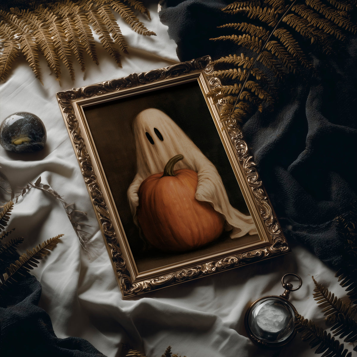 A Sheet Holds the Pumpkin Still, a pale draped figure holding a large orange pumpkin close, in a dark brown painted frame with a warm glow, in an ornate frame on silk cloth beside ferns and a brass compass