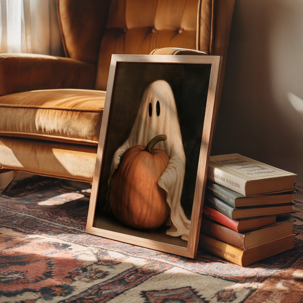 A Sheet Holds the Pumpkin Still, a pale draped figure holding a large orange pumpkin close, in a dark brown painted frame with a warm glow, in a wood frame on a leather armchair beside a stack of books