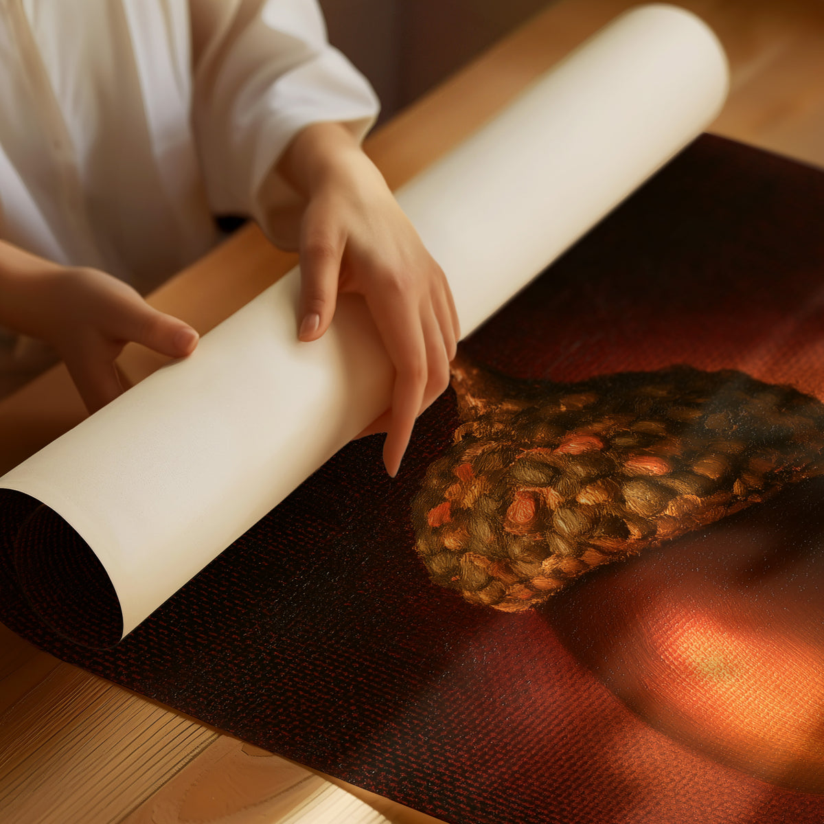 A Single Acorn in Candlelight, one acorn resting beside a curled oak leaf on a dark brown ground, lit from one side and painted in chestnut, amber and deep shadow, as a matte poster, unframed