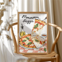 A Slice of Happiness Hangs Here, a slice of pizza lifting from a plate with a long strand of melted cheese, basil and tomato on top, the lettering Mmmmm in black script above and Pizza in red block letters below, in a wood frame beside a wicker chair by a sunny window