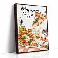 A Slice of Happiness Hangs Here, a slice of pizza lifting from a plate with a long strand of melted cheese, basil and tomato on top, the lettering Mmmmm in black script above and Pizza in red block letters below, as a framed canvas in a brown frame