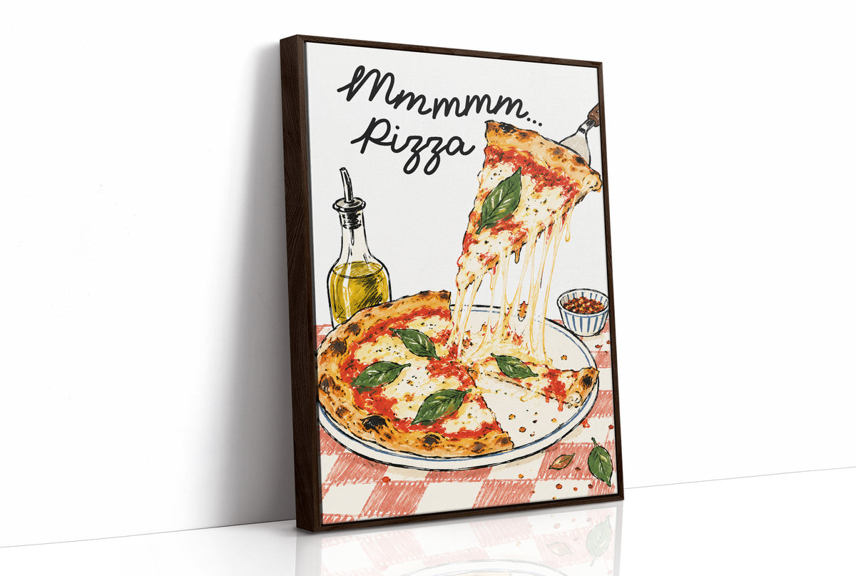 A Slice of Happiness Hangs Here, a slice of pizza lifting from a plate with a long strand of melted cheese, basil and tomato on top, the lettering Mmmmm in black script above and Pizza in red block letters below, as a framed canvas in a brown frame