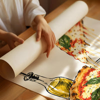 A Slice of Happiness Hangs Here, a slice of pizza lifting from a plate with a long strand of melted cheese, basil and tomato on top, the lettering Mmmmm in black script above and Pizza in red block letters below, as a matte poster, unframed