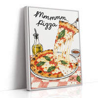 A Slice of Happiness Hangs Here, a slice of pizza lifting from a plate with a long strand of melted cheese, basil and tomato on top, the lettering Mmmmm in black script above and Pizza in red block letters below, as a framed canvas in a white frame