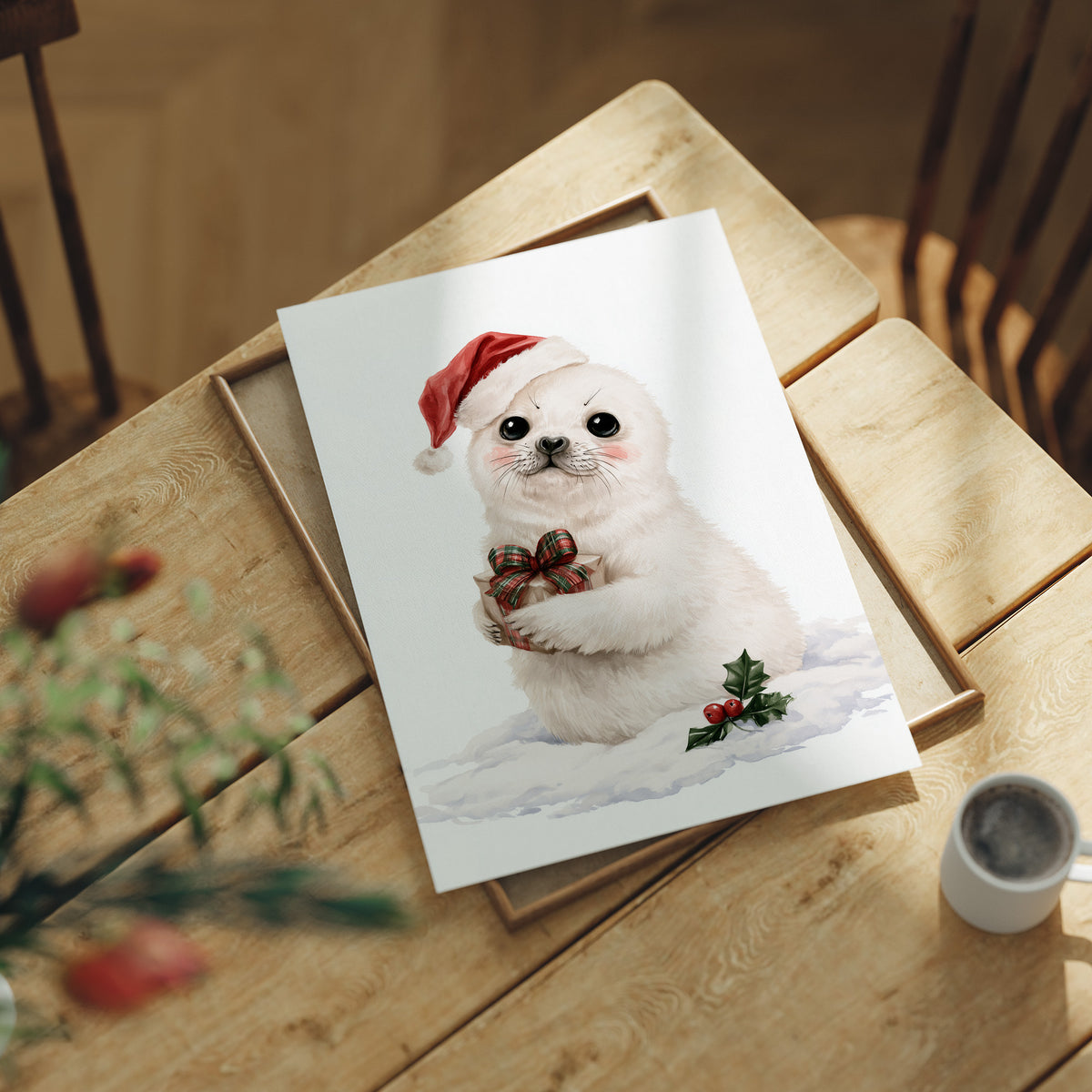 A Snowy Pup Waits for Morning, a white baby seal in a red Santa hat holding a chocolate bow, with a sprig of holly in the snow below, painted in soft cream, red and white, lying flat on a light wood table beside a coffee cup and red berries