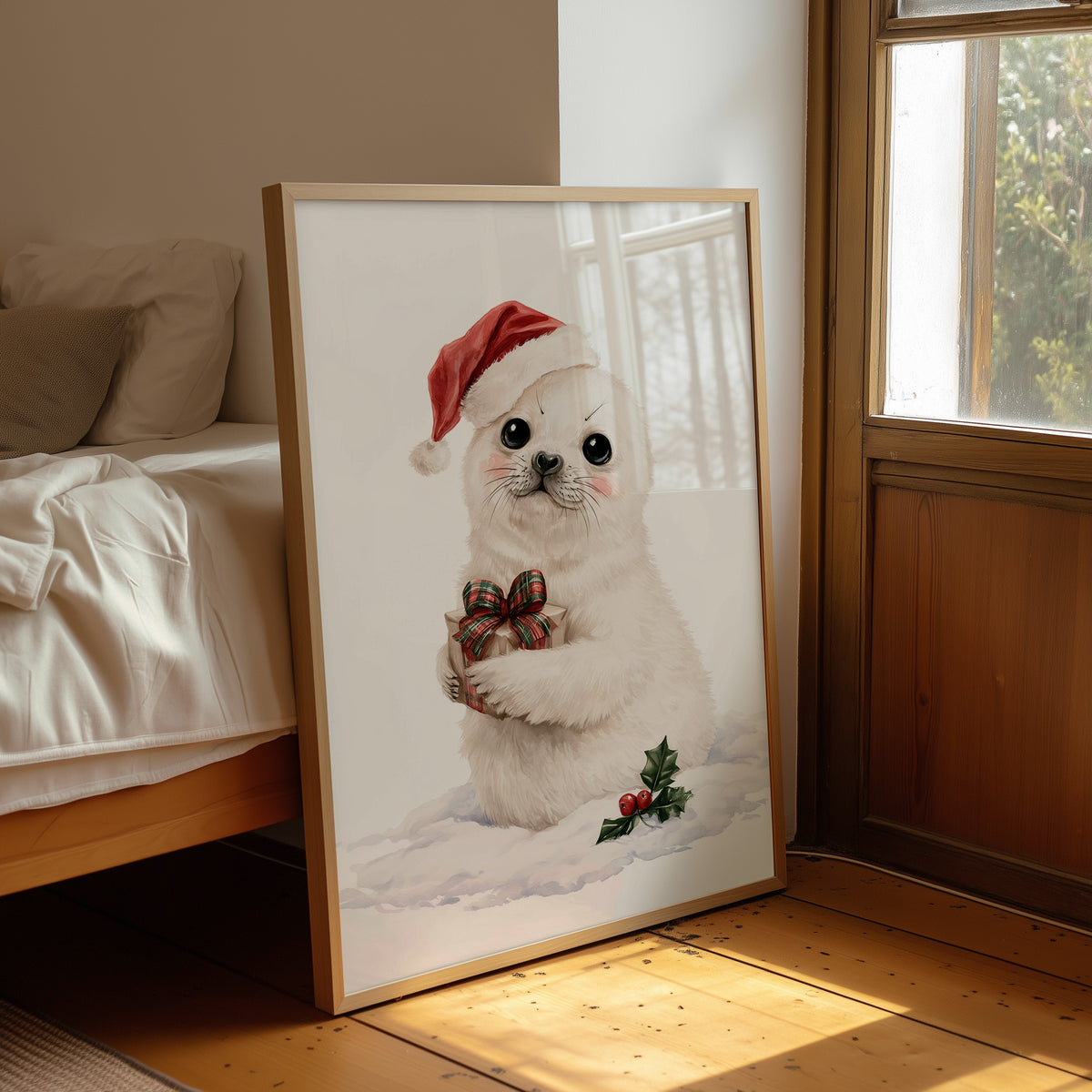 A Snowy Pup Waits for Morning, a white baby seal in a red Santa hat holding a chocolate bow, with a sprig of holly in the snow below, painted in soft cream, red and white, leaning on a wood floor in a bedroom beside white linen bedding