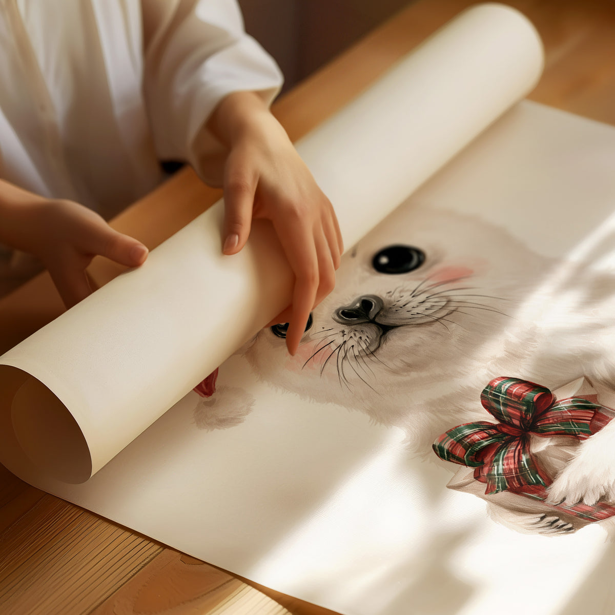 A Snowy Pup Waits for Morning, a white baby seal in a red Santa hat holding a chocolate bow, with a sprig of holly in the snow below, painted in soft cream, red and white, as a matte poster, unframed