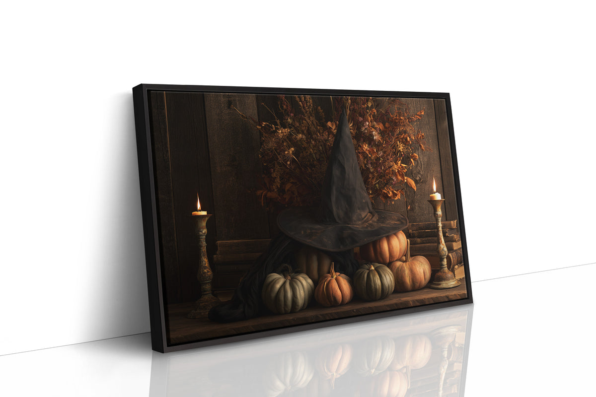 A Sorceress Counts the Pumpkins, witch in a pointed hat beside pumpkins and candles in a dark oil painting, as a framed canvas in a black frame