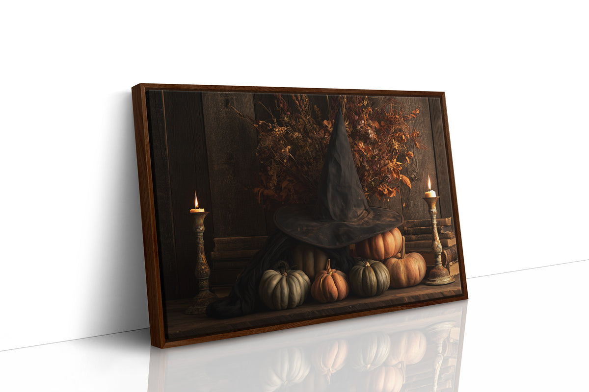 A Sorceress Counts the Pumpkins, witch in a pointed hat beside pumpkins and candles in a dark oil painting, as a framed canvas in a brown frame