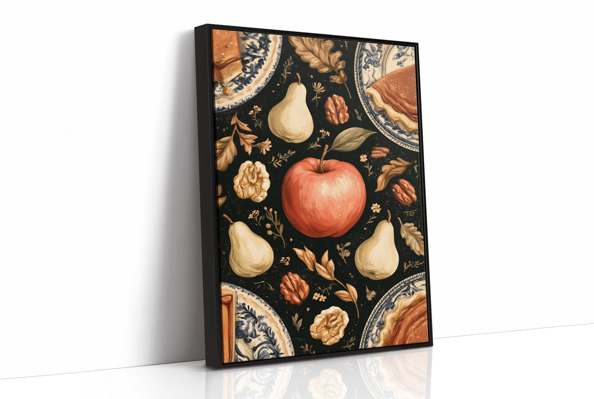 A Table Laid Before Dusk, a dark still life pattern of red apples, pale pears, walnuts and autumn leaves around pie plates, painted in charcoal, cream and rust, as a framed canvas in a black frame