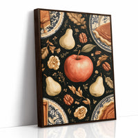 A Table Laid Before Dusk, a dark still life pattern of red apples, pale pears, walnuts and autumn leaves around pie plates, painted in charcoal, cream and rust, as a framed canvas in a brown frame