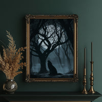 A Wolf Keeps the Moon Company, wolf howling beneath bare trees under a silver night sky painting, in an ornate gold frame on a deep green wall beside brass candlesticks
