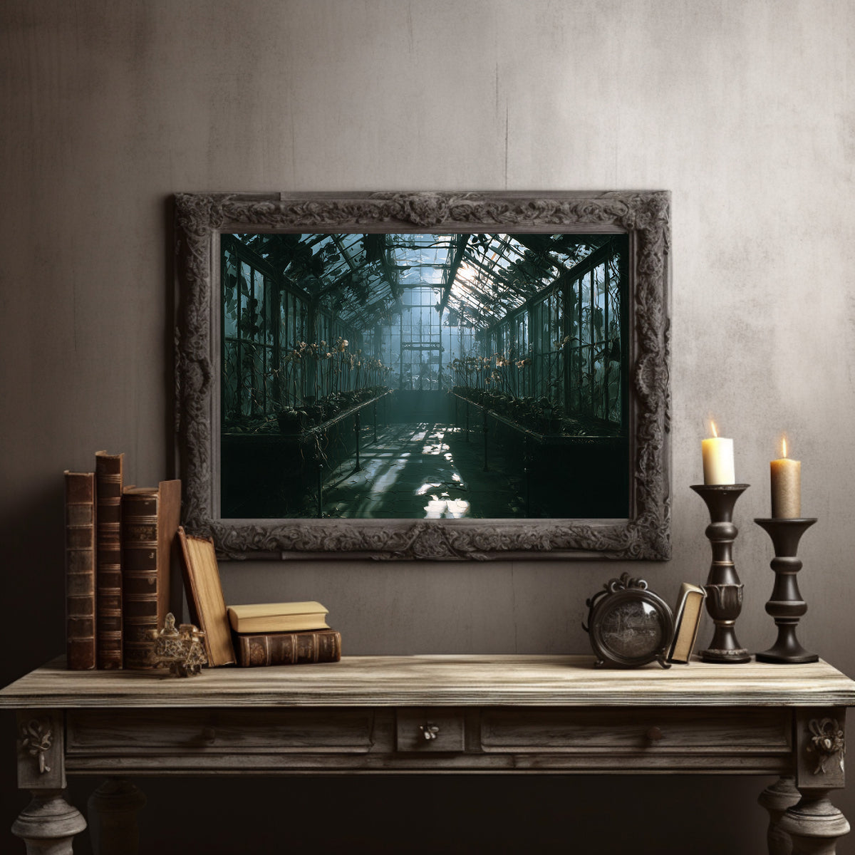 After the Gardeners Left, abandoned glass greenhouse overgrown with vines in teal light painting, in a dark carved frame on a gray wall above a console table with candlesticks and old books