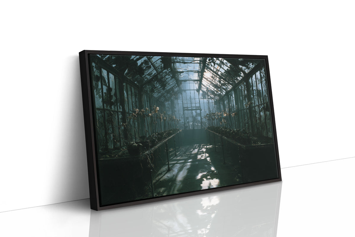 After the Gardeners Left, abandoned glass greenhouse overgrown with vines in teal light painting, as a framed canvas in a black frame