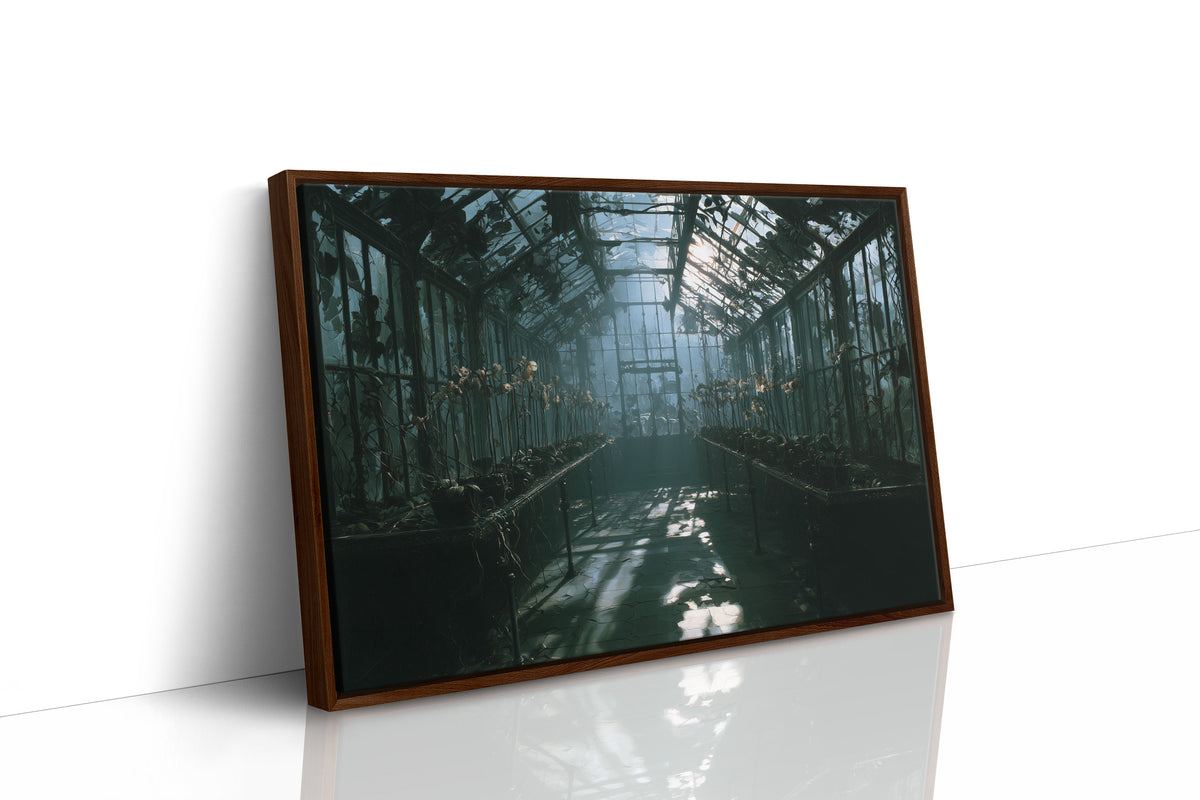 After the Gardeners Left, abandoned glass greenhouse overgrown with vines in teal light painting, as a framed canvas in a brown frame